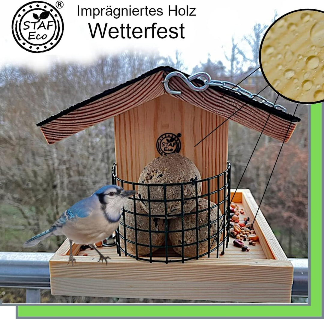 STAFECO® Vogelfutterhaus für Balkon oder zum Aufhängen wetterfest Futterhaus Handarbeit aus Natur Ho