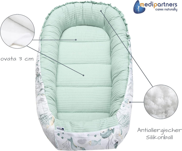 Medi Partners Babynest Kuschelnest Babynestchen 100% Baumwolle Waffle Nestchen Reisebett für Babys S