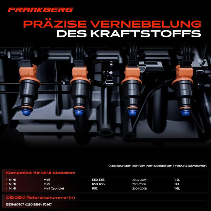 Frankberg 4x Einspritzventil Einspritzdüse Injektor Kompatibel mit M.i.n.i One R50 R53 1.4L 1.6L 200