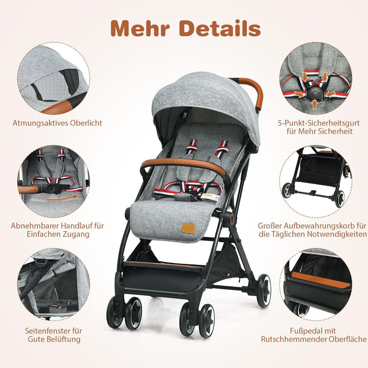COSTWAY Kinderwagen Einhand Faltbar, Kinderbuggy mit verstellbare Rückenlehne & Verdeck, Reisebuggy