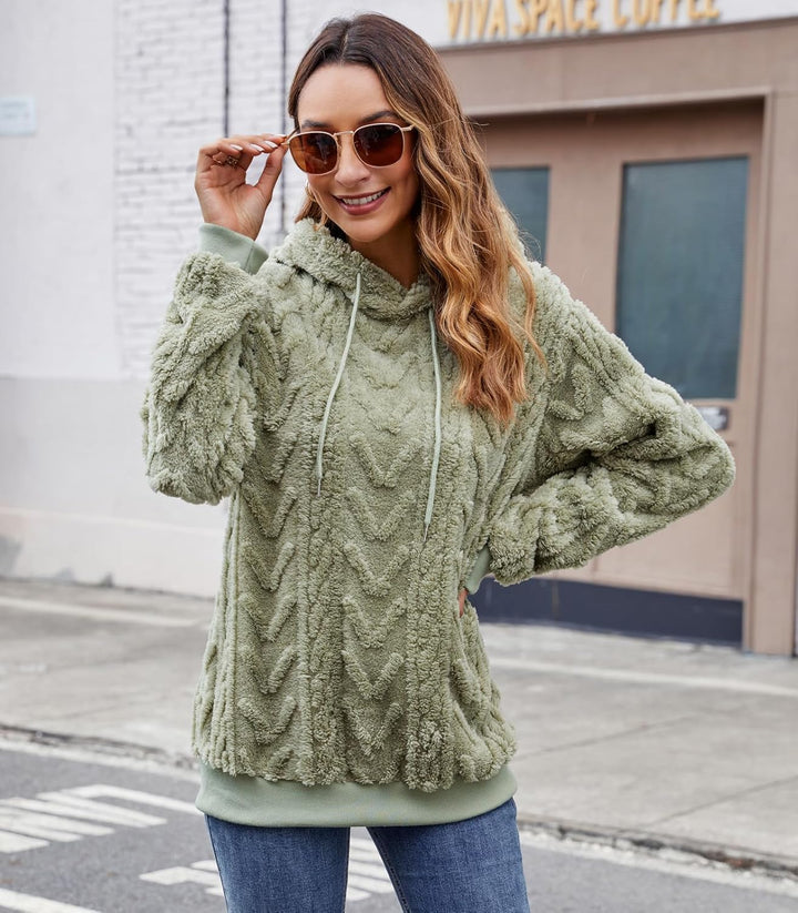 Zetieny Hoodie Damen Kapuzenpullover Teddy Fleece Double Fuzzy Fluffy Jacquard Pullover Lässiges War