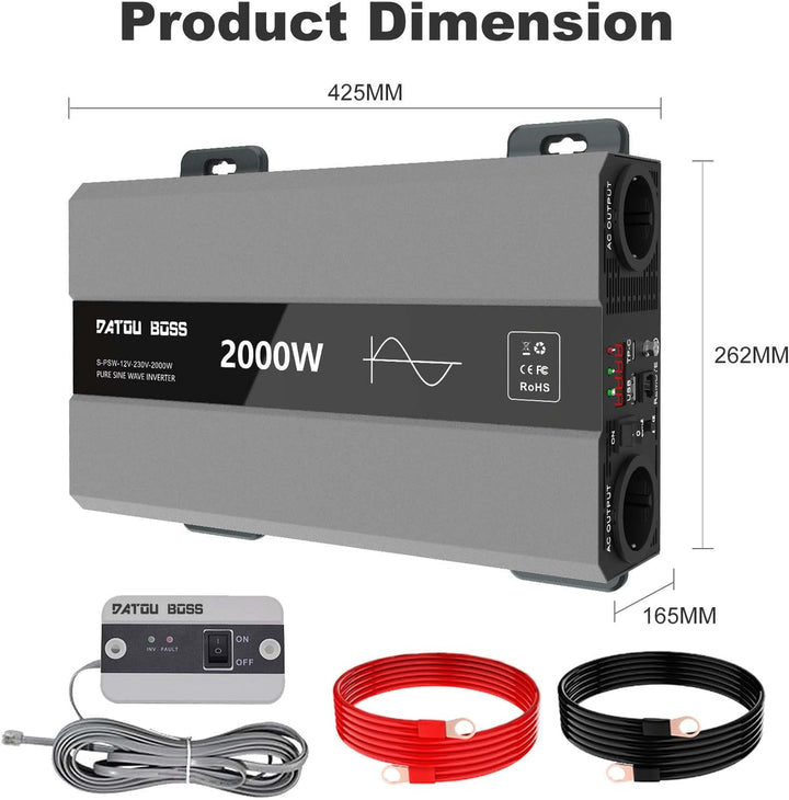 DATOUBOSS Wechselrichter 12v auf 230v Reiner Sinus 2000w, Spannungswandler 12v 230v 2000w mit AC Ste