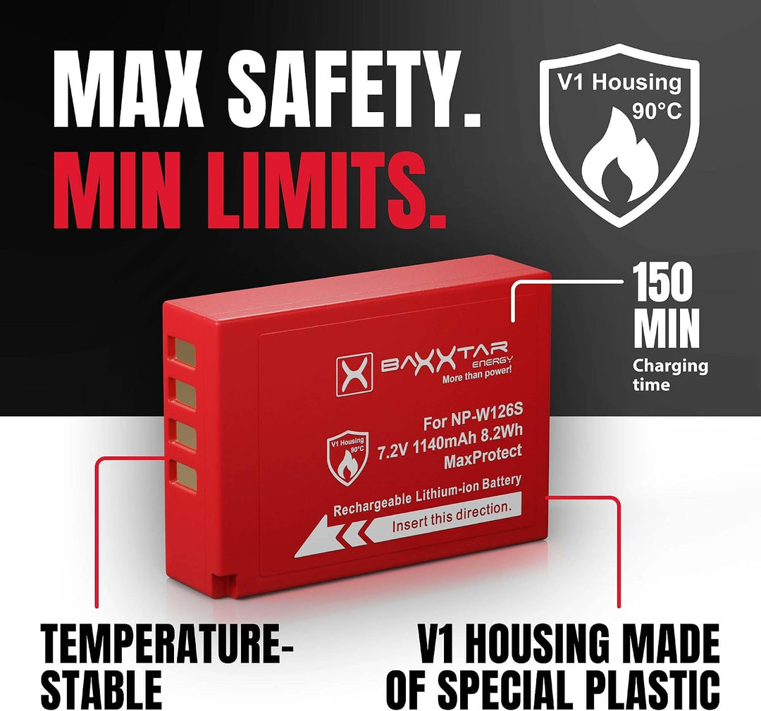 Baxxtar NP-W126s NP-W126 Akku-Pack MaxProtect (1140mAh) mit aktivem NTC-Sensor und V1 Schutzgehäuse