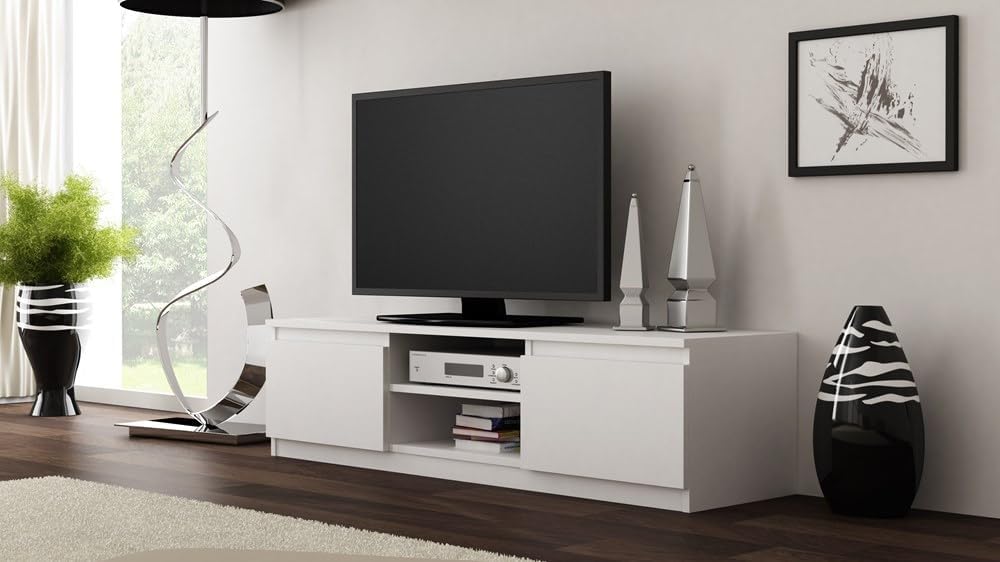 VBChome TV-Schrank 140 x 40 x 36 cm Weiss Griffelose Tv-Regal Fernsehtisch mit 2 Türen Holz Mehrzwec