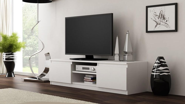 VBChome TV-Schrank 140 x 40 x 36 cm Weiss Griffelose Tv-Regal Fernsehtisch mit 2 Türen Holz Mehrzwec