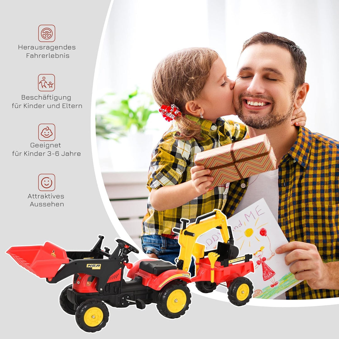 HOMCOM Trettraktor mit Anhänger, Frontlader, Verstellbarer Schaufel, Traktor Tretfahrzeug für Kinder