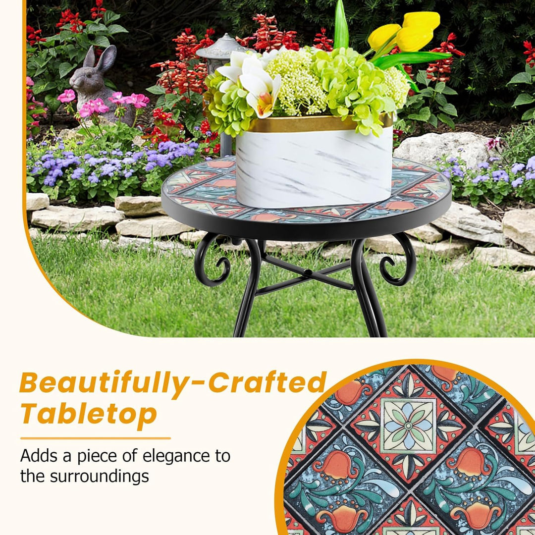 HOMASIS 30x30x50cm Gartentisch Beistelltisch mit Mosaik-Muster, Pflanzenständer mit runder Tischplat