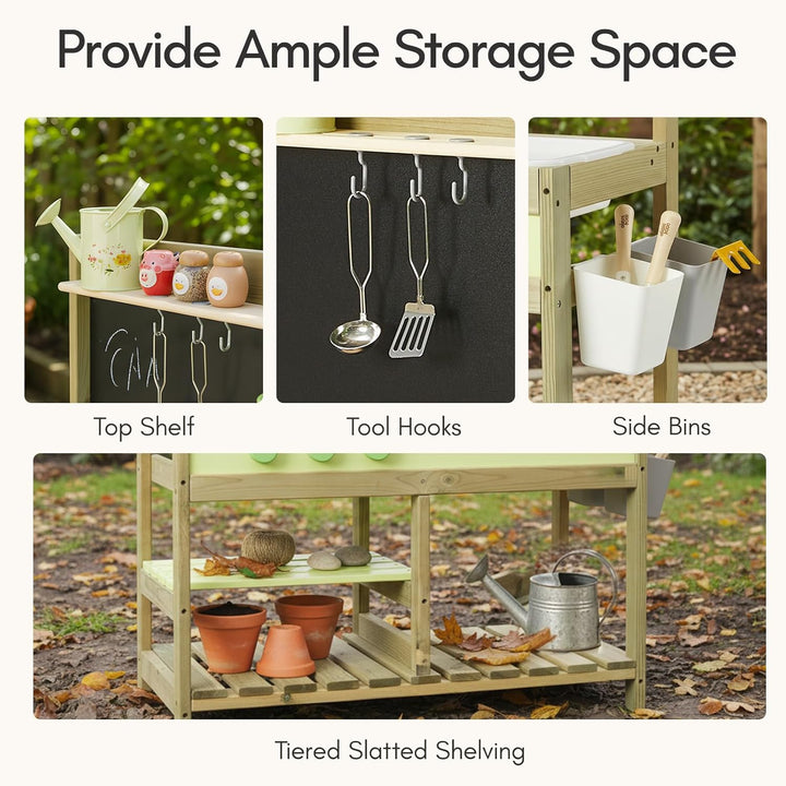 Matschküche Kinder Outdoor Holz Mud Kitchen Spielküche, Aussenküche für Kinder mit 10 Spielzubehör,
