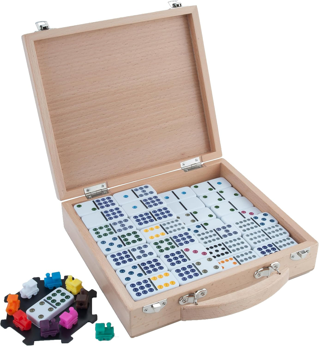Engelhart - 250150 - Mexikanischer Dominozug D12 - Mexican Train Domino mit hochwertigem Holz Koffer