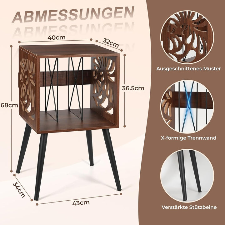 Plattenspieler-Ständer für 80 Alben LP Regal Holz Mid-Century Retro | Schallplattenregal mit Monster