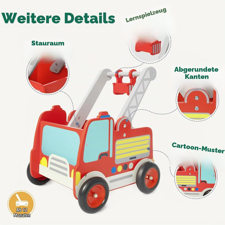 labebe Rot Feuerwehrauto Lauflernwagen Holz Baby Push Pull Lauflernhilfe Spielzeug mit Rädern für Ju