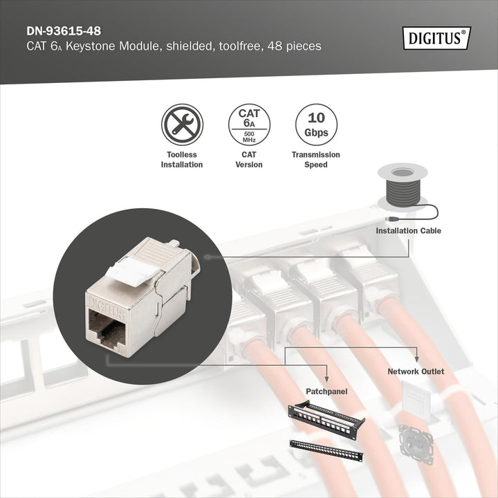 DIGITUS Keystone-Modul Cat-6A Geschirmt - 48 Stück - RJ45-Buchse - 500 MHz 10GBase-T - AWG 26-22 - W