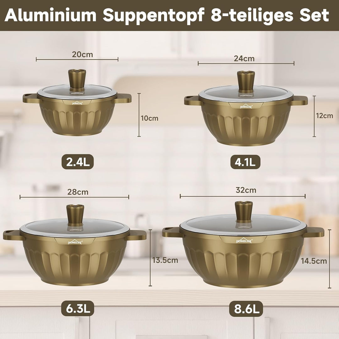 HOMELUX Topfset Induktion 8-teilig, 20/24/28/32cm Kochtopf Set mit Antihaftbeschichtet, Kochtöpfe In