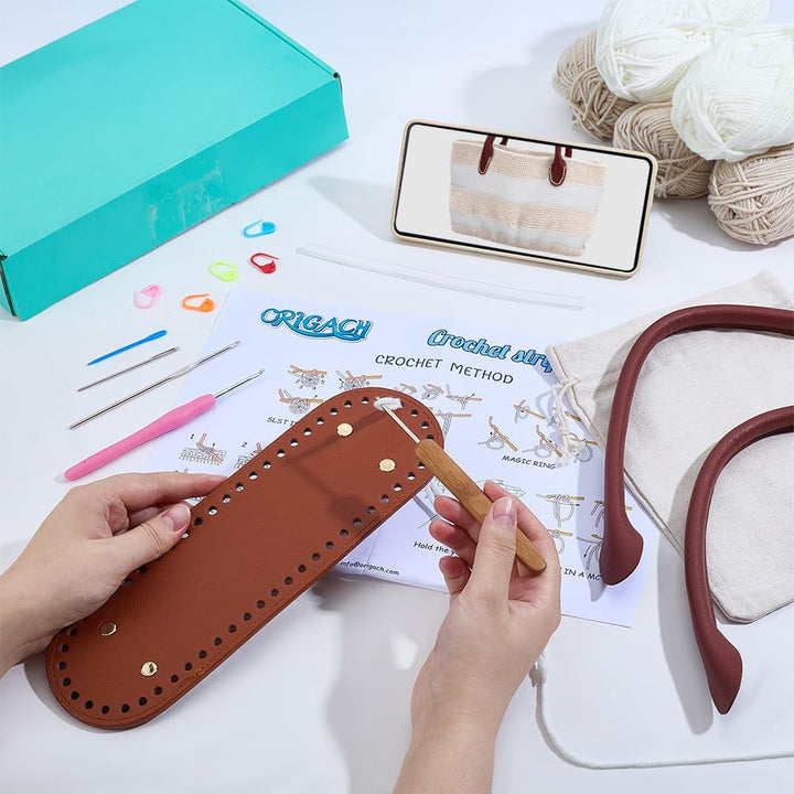 ORIGACH Handtasche Häkelset mit PU-Lederband und -Basis Für Anfänger, DIY Beige gestreifte Tasche St