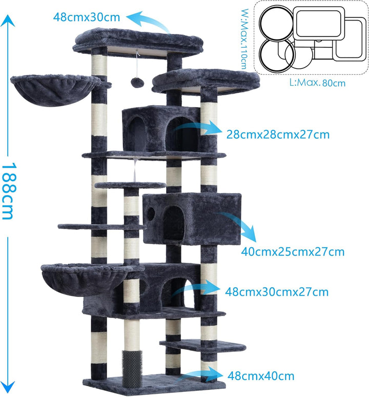 Hey-brother Kratzbaum, 188 cm Katzenbaum, XXL Kletterbaum mit 2 gross Plattform, 3 Höhlen, 2 Korb, P