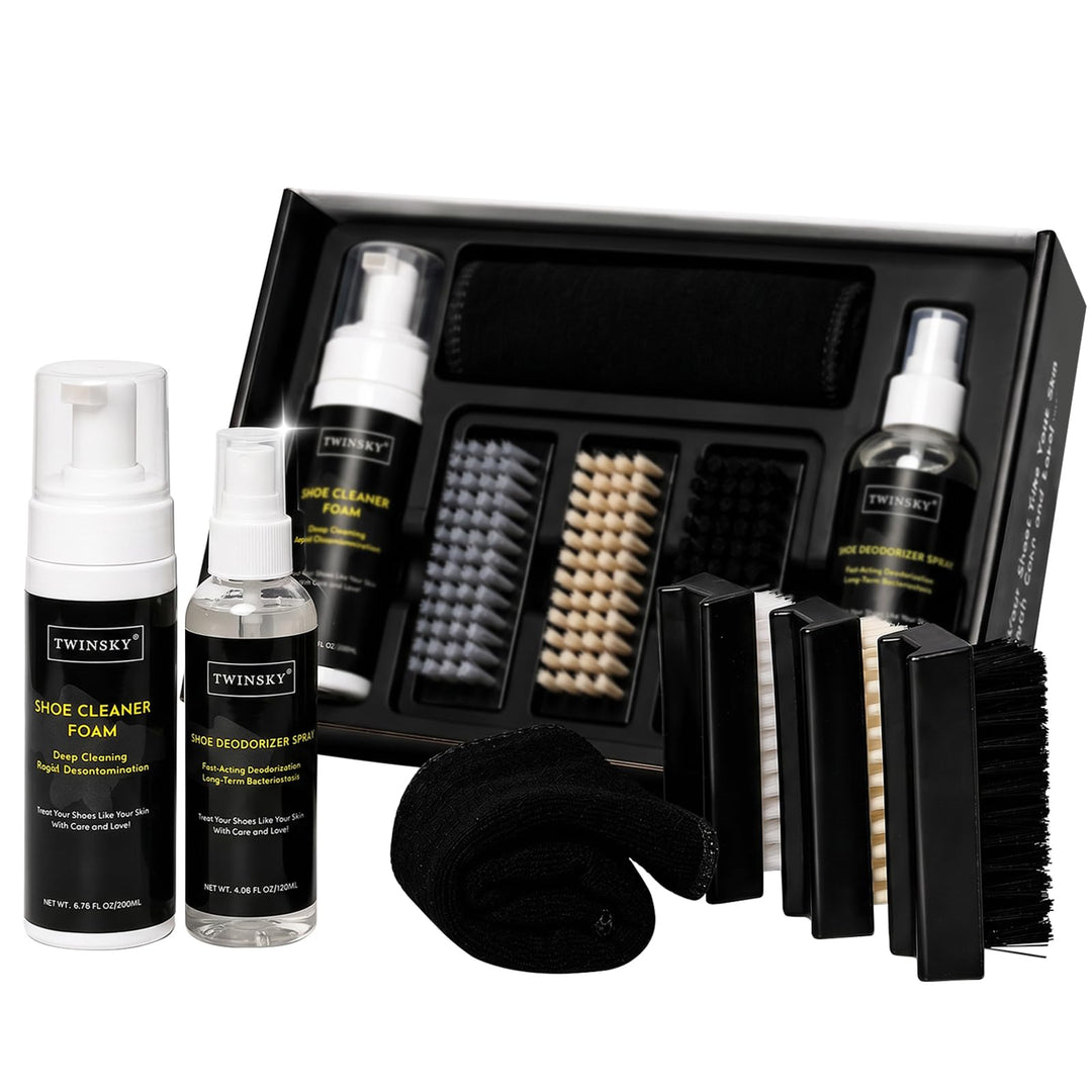 6-in-1-Schuhpflege-Set, mit pflanzlichem Schaum, Desodorierungsspray, 3 Bürsten und Mikrofasertuch,