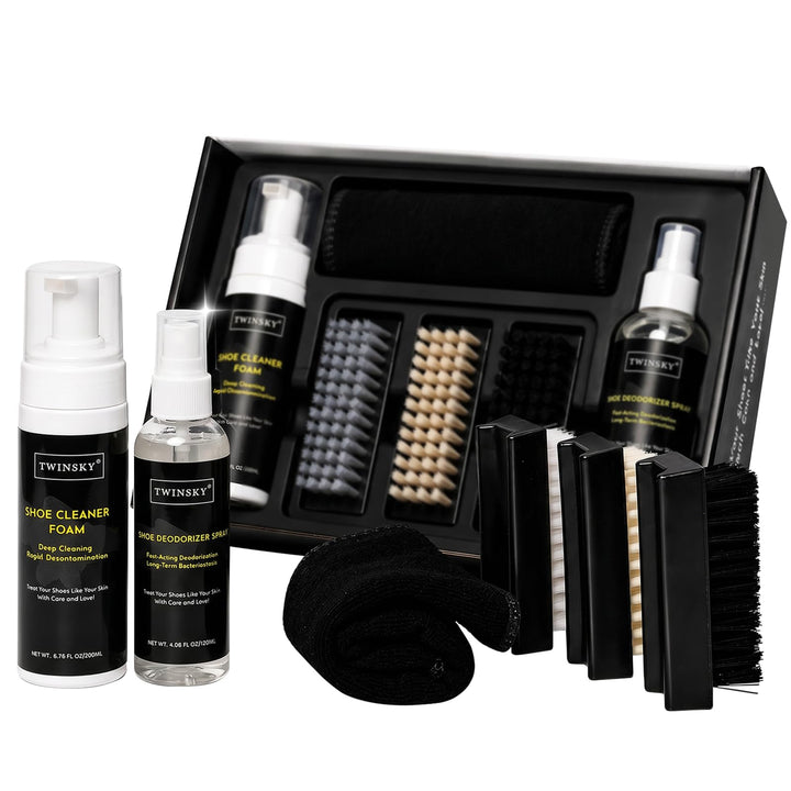 6-in-1-Schuhpflege-Set, mit pflanzlichem Schaum, Desodorierungsspray, 3 Bürsten und Mikrofasertuch,