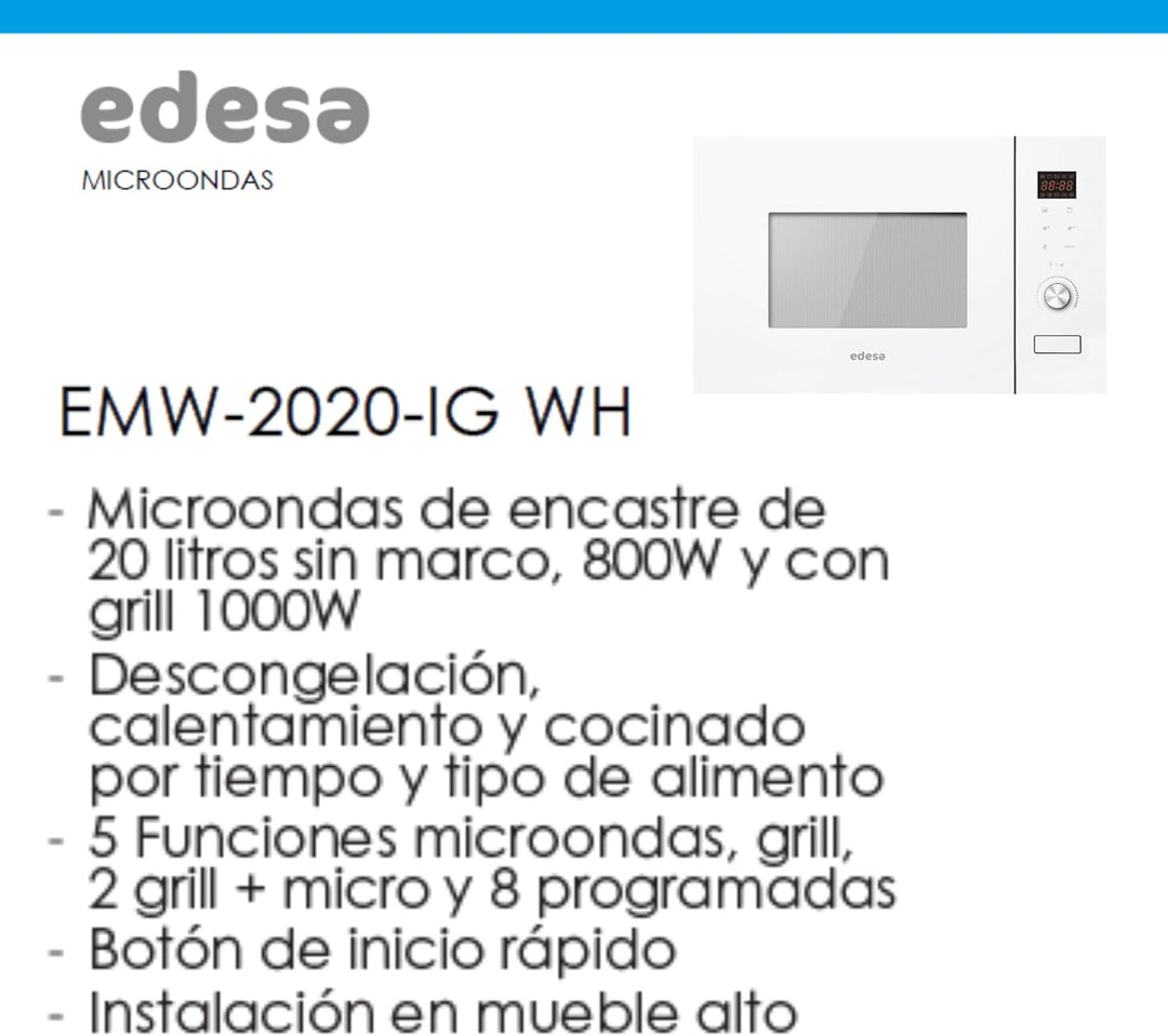 EDESA Mikrowelle EMW-2020-IG WH mit Einbau, 20 l, 800 W und Grill, 1000 W, Innengehäuse aus Edelstah