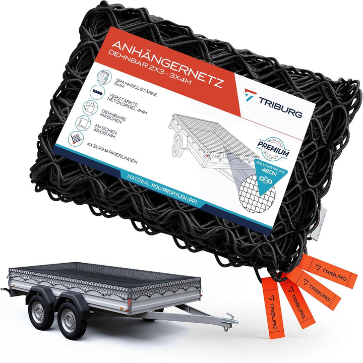 TRIBURG Anhängernetz Dehnbar 2x3 m bis 3x4 m | Elastisches Anhänger Netz mit Eckmarkierungen und Gum