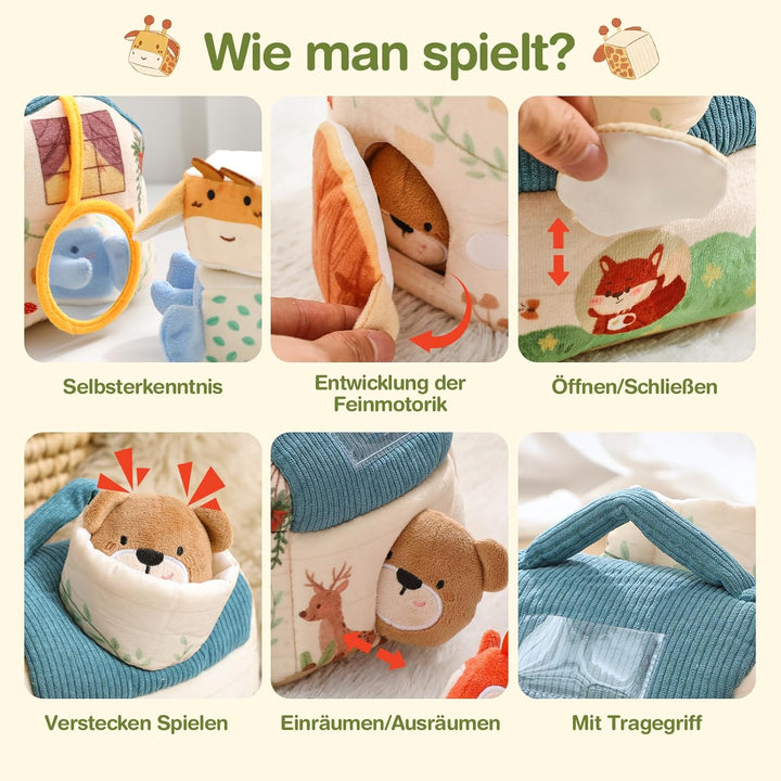 WOODEN TEETHER Baby Spielzeug 4 6 12 18 Months, Montessori Spielzeug Baby Ensory Farm House mit 5 Ti