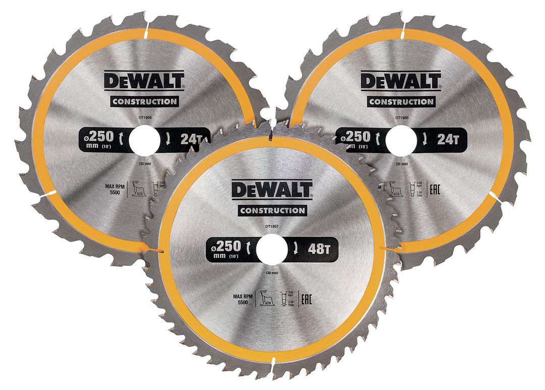 Dewalt Holz Kreissägeblatt-Set 3er Pack, DT1963, für Holz (2x 250x30x3.0 mm, 24, WZ, 10° und 1x 250x