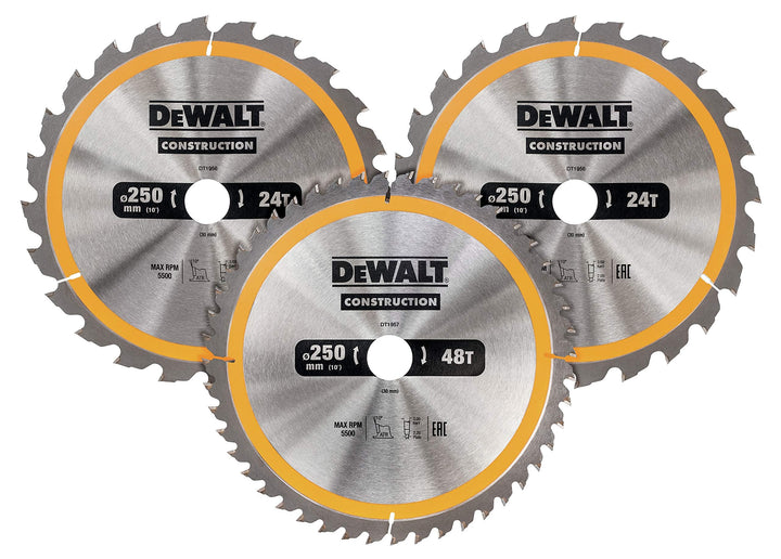 Dewalt Holz Kreissägeblatt-Set 3er Pack, DT1963, für Holz (2x 250x30x3.0 mm, 24, WZ, 10° und 1x 250x