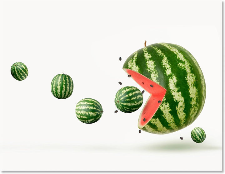 wandmotiv24 Obst & Gemüse als Leinwandbild, 100x75cm, Querformat, Wassermelone, Pacman, Küche, Leben