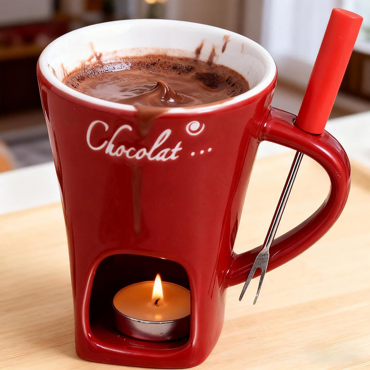 Schokoladen-Fonduetasse mit Gabeln, 130 ml, Schokoladenschmelzbecher, Keramik-Butterwärmer, Set, per