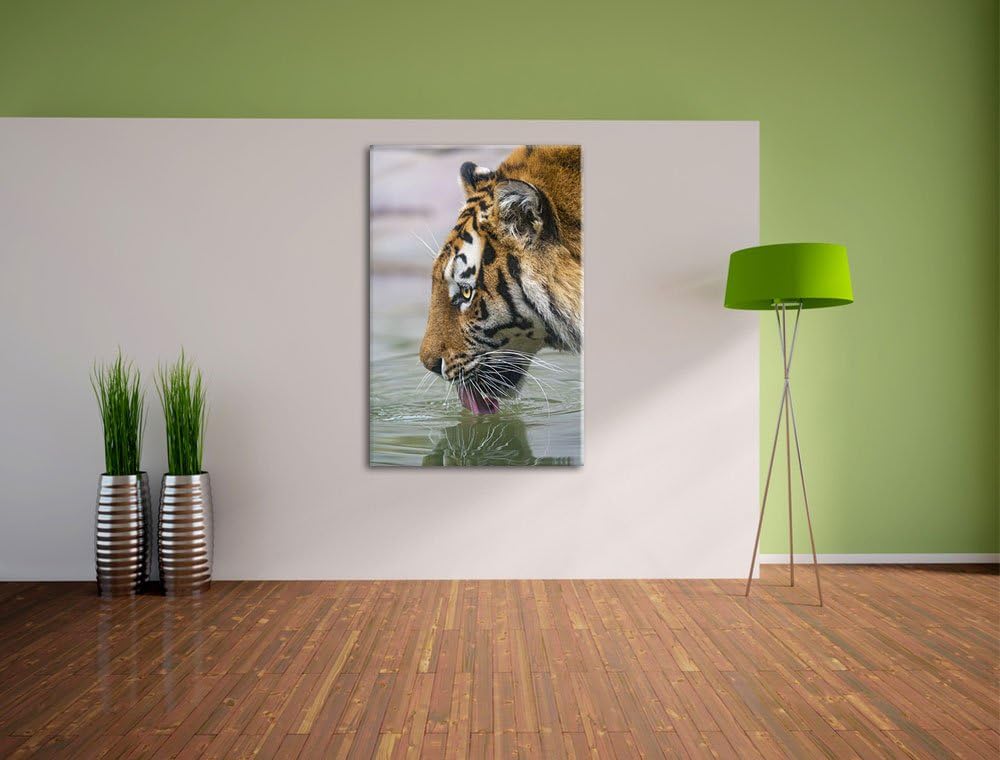 Pixxprint Tiger am Wasserloch auf Leinwand, XXL riesige Bilder fertig gerahmt mit Keilrahmen, Kunstd