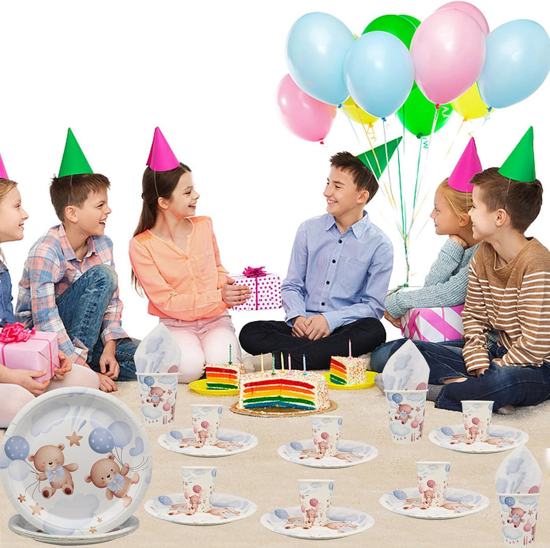 Doyomtoy Plüschbär Partygeschirr,60 Stück Plüschbär Babyparty Deko,Bären-Pappteller Becher,Serviette