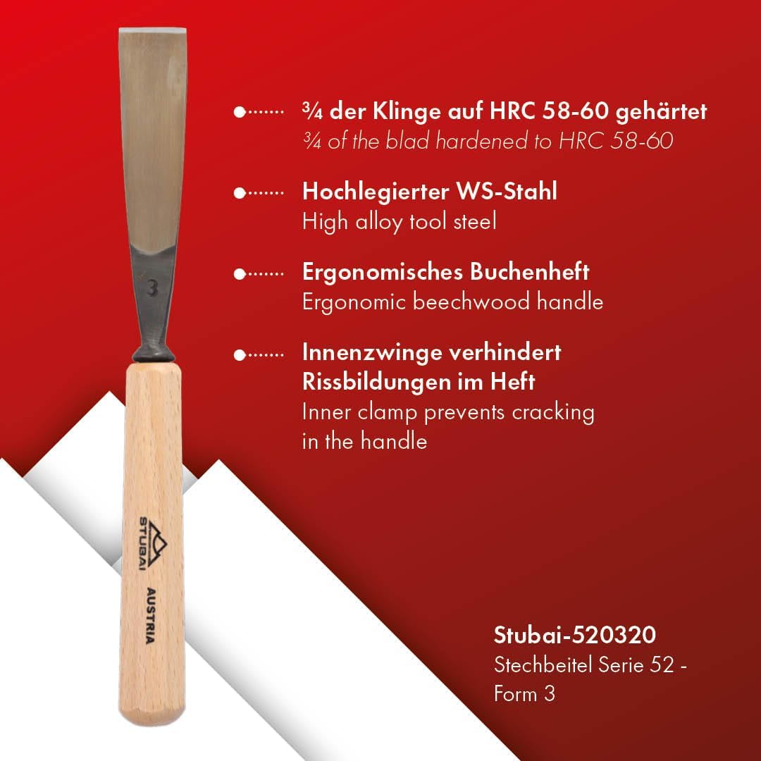 STUBAI Stemmeisen Stechbeitel Serie 52 - Form 3 | Gerades Flacheisen - 20 mm, mit Holzgriff, zum Vor