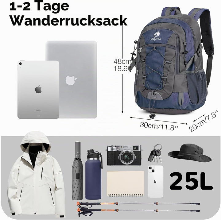 25L Wandernrucksack Damen Herren, Outdoor Rucksäcke Tagesrucksäcke, Wasserdichter Reiserucksack für