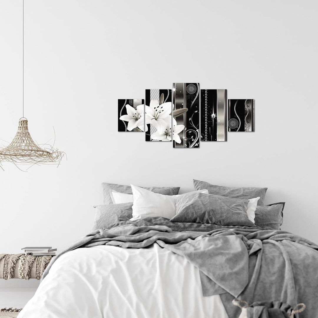 Runa Art Wandbilder Blumen Lilien 5 Teilig Bild auf Vlies Leinwand Deko Wohnzimmer Abstrakt Grau 008