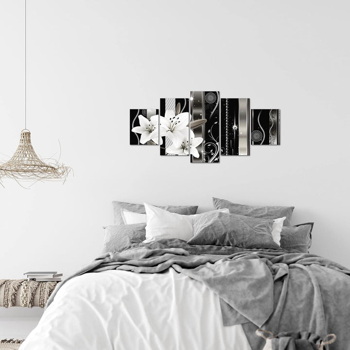 Runa Art Wandbilder Blumen Lilien 5 Teilig Bild auf Vlies Leinwand Deko Wohnzimmer Abstrakt Grau 008