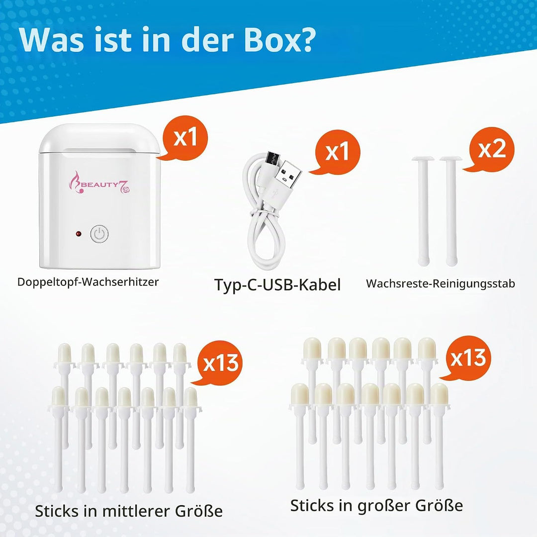 BEAUTY7 USB Ohren - &amp; Nasenhaar Wachs Set Mini Wachswärmer USB-C Anschluss inkl. vorbereiteten 26 Wa