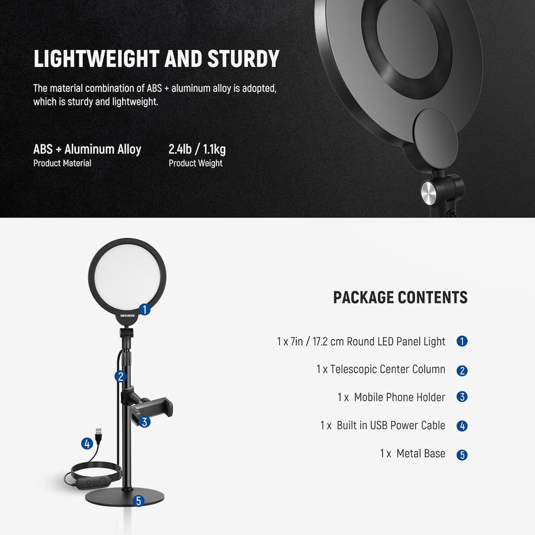 NEEWER Basic 7" Selfie Licht Set, Tisch Handy Ringleuchte, 10W 3000K-6500K Dimmbares Vollbild Ring L