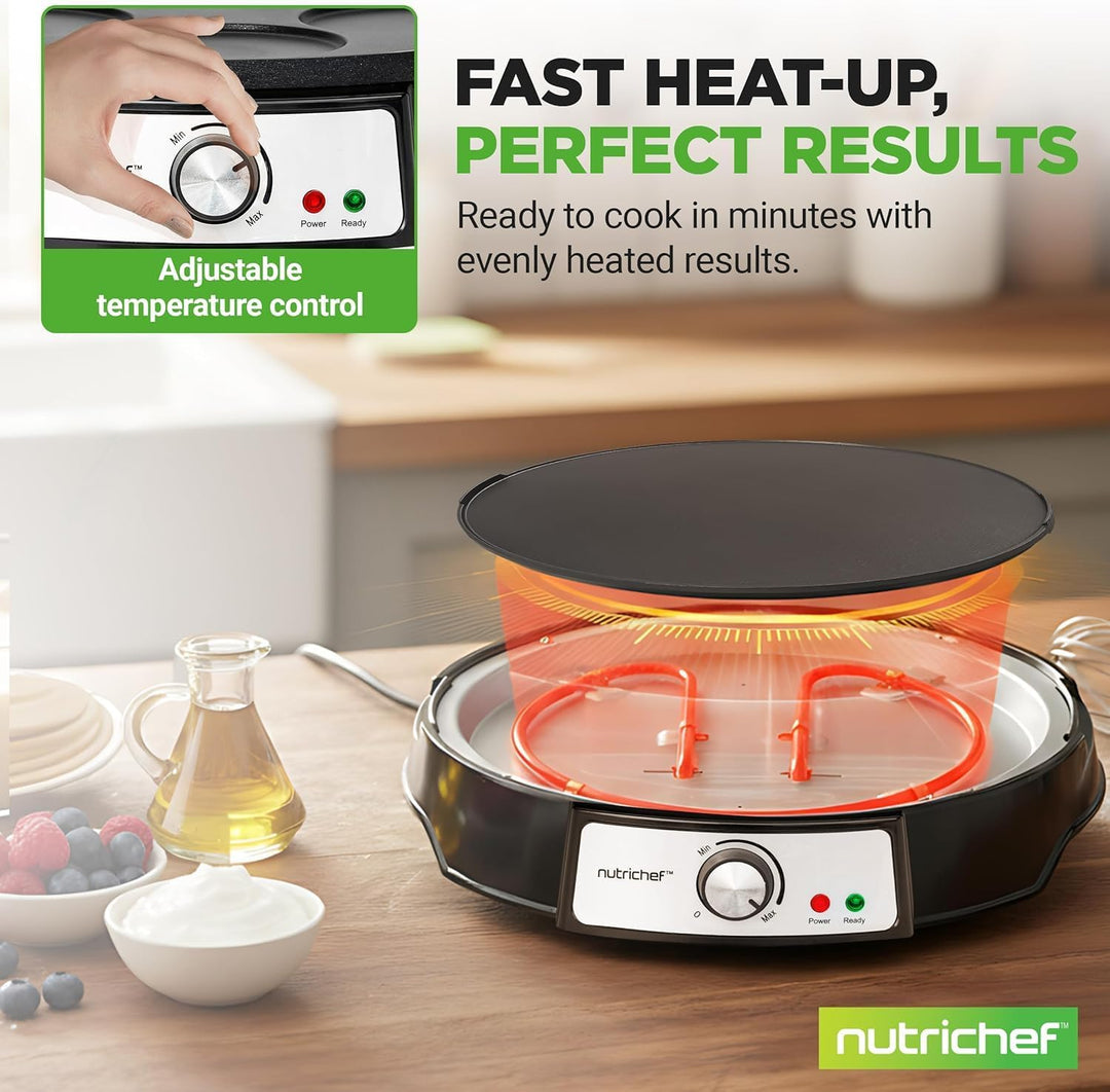 NutriChef Crepes Maker 30 cm mit Abnehmbarer Wendeplatte - Antihaft Oberfläche, LED Anzeige und Temp