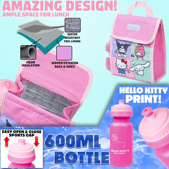 Hello Kitty Sanrio Rucksack Kinder Set 4 Teilig Kuromi Mädchen Kinderrucksack mit Trinkflasche Lunch