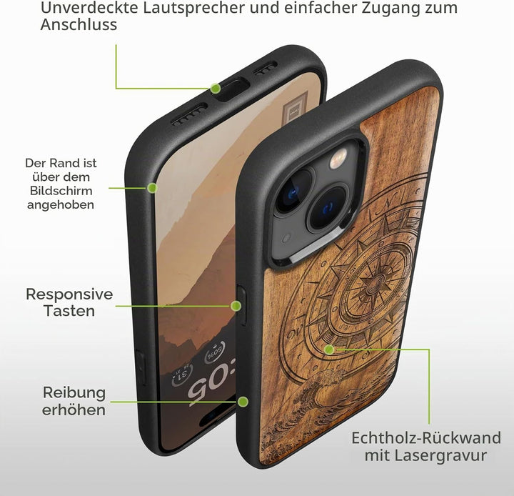 Carveit Holz Handyhülle für iPhone 15 Handyhulle kompatibel mit MagSafe Massivholz für Apple 15 Hand