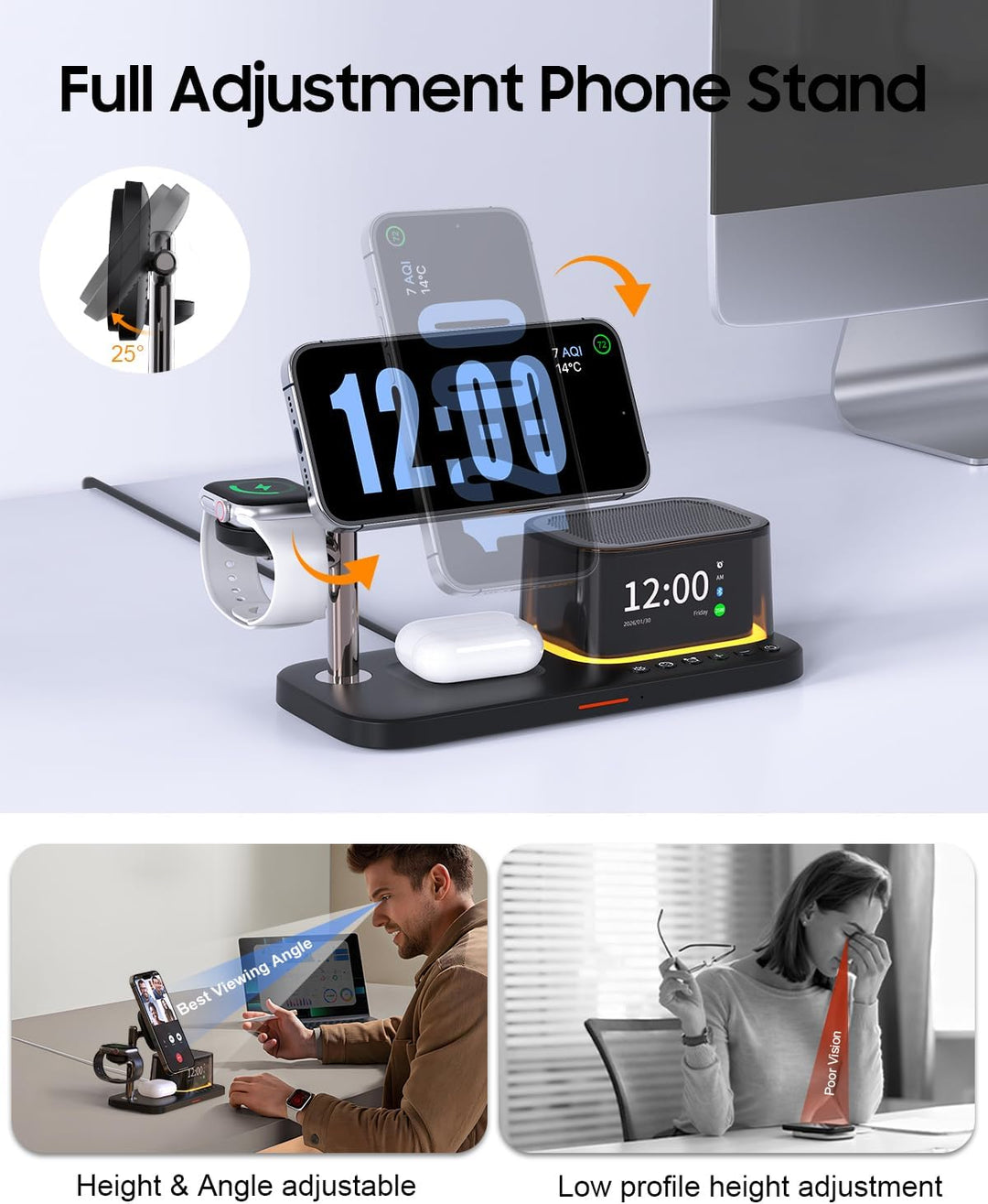 7-in-1 kabelloses Ladegerät, Bluetooth-Lautsprecher mit Wecker, 25W Handy-Schnellladung, Stimmungsli