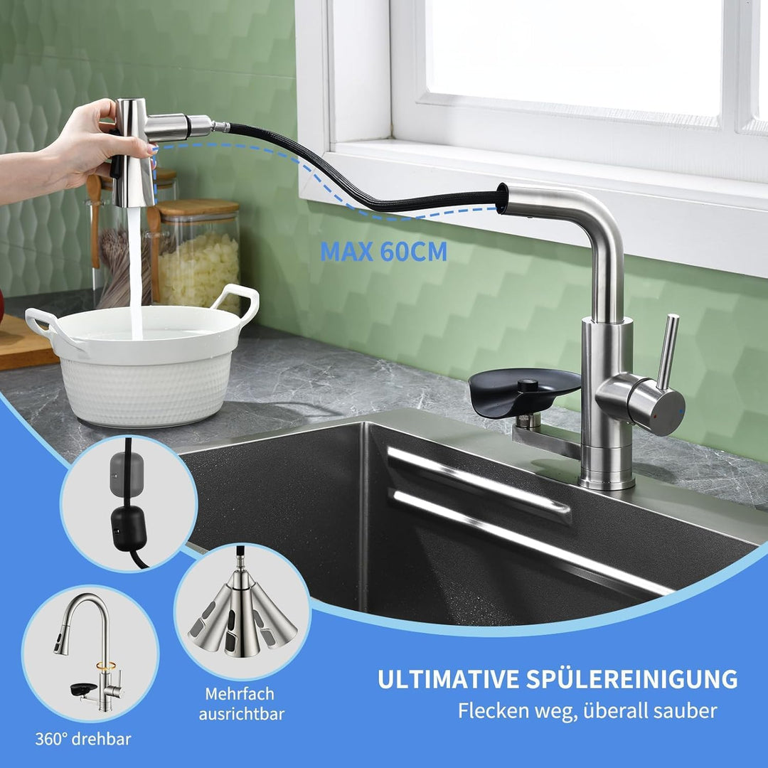 Küchenarmatur Wasserhahn Küche mit Glasspüler, Ausziehbar 3 Strahlarten Grau, Grau