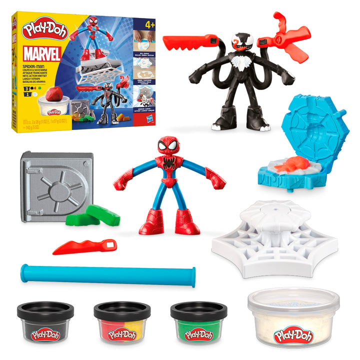 Play-Doh Marvel Spider-Man Netz-Action Set, 2 Spielfiguren und vielen Knetformen, 4 Dosen Modellierm