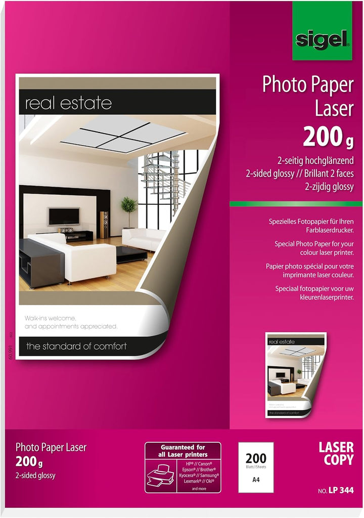 SIGEL LP344 Fotopapier für Laser / Kopierer, A4, 200 Blatt, hochglänzend, beidseitig bedruckbar, 200