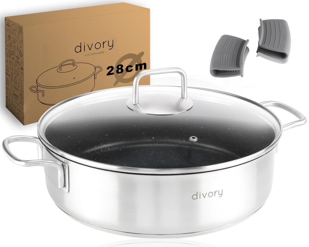DIVORY Schmorpfanne 28cm Induktion, Servierpfanne mit Deckel 4,6l Edelstahl – beschichteter Kochtopf