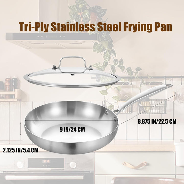 Inqibee Edelstahlpfanne Bratpfanne Unbeschichtet 24 cm mit Deckel - Pfanne Edelstahl, Stainless Stee