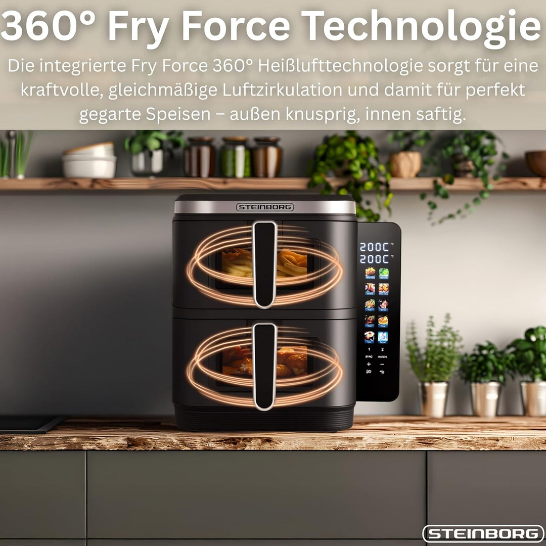 Steinborg® Heissluftfritteuse Doppelkammer 11 Liter Heissluft-Frittieren Heissluftfritteuse 2 vertik