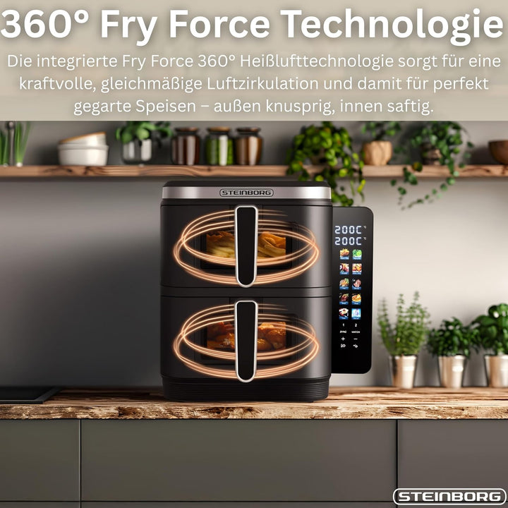 Steinborg® Heissluftfritteuse Doppelkammer 11 Liter Heissluft-Frittieren Heissluftfritteuse 2 vertik