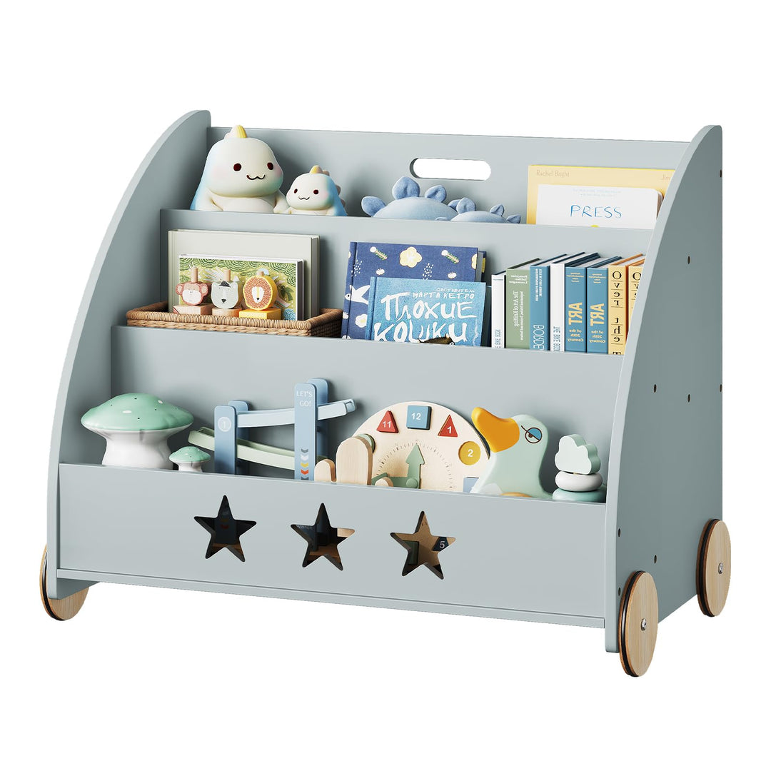 WOLTU Kinderregal Bücherregal für Kinder, Spielzeugregal mit Räder 3 Regale, Holz Standregal Kinderz