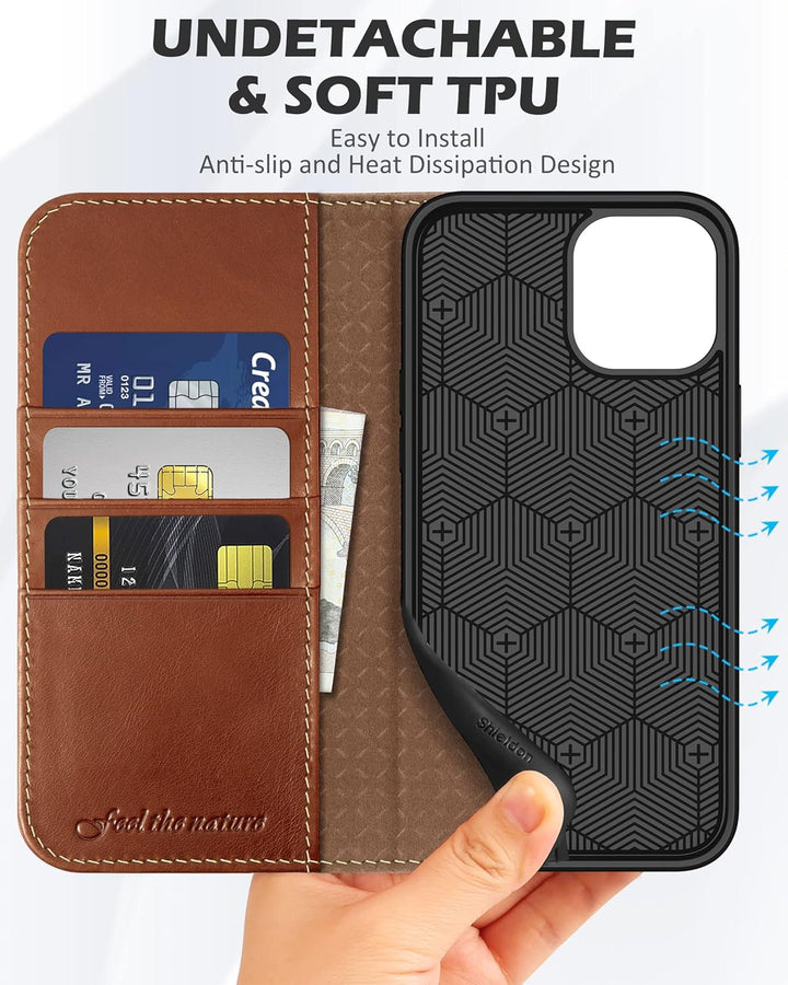 SHIELDON Hülle für iPhone 12 Pro Handyhülle [Erstklassig Echtleder] [Kartenfach] [Magnet] [Standfunk