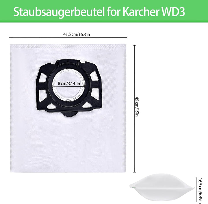 12 Staubsaugerbeutel und 1 Filter für Kärcher KFI 357, WD2, WD 2 Plus, WD 3, KWD 1-3, SE 4001, SE 40